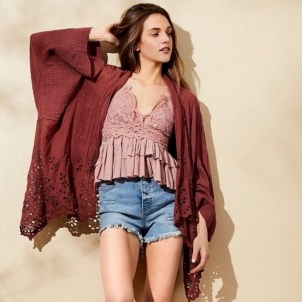 Free People FP One Amaira Kimono Open Drape Jacket Rust OS